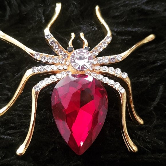 🆕Large Spider Crystal Brooch Pin Gold Red - Picture 2 of 3